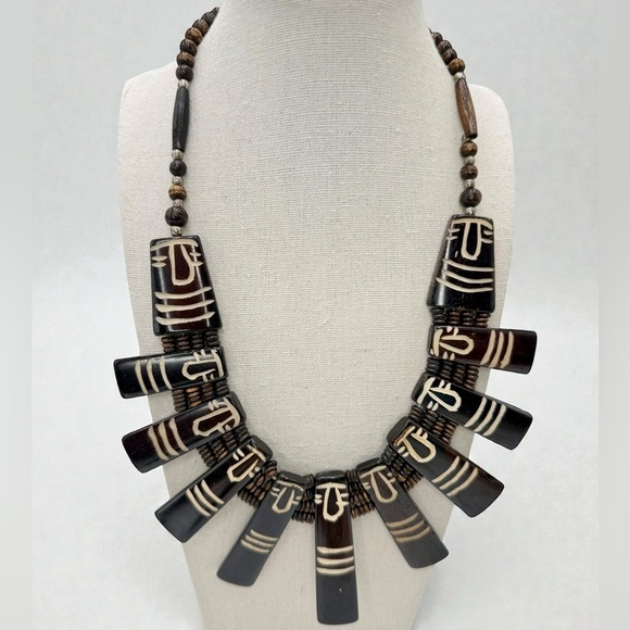 Jewelry - Vintage Carved Bone Statement Bib Collar Necklace Tribal 118g